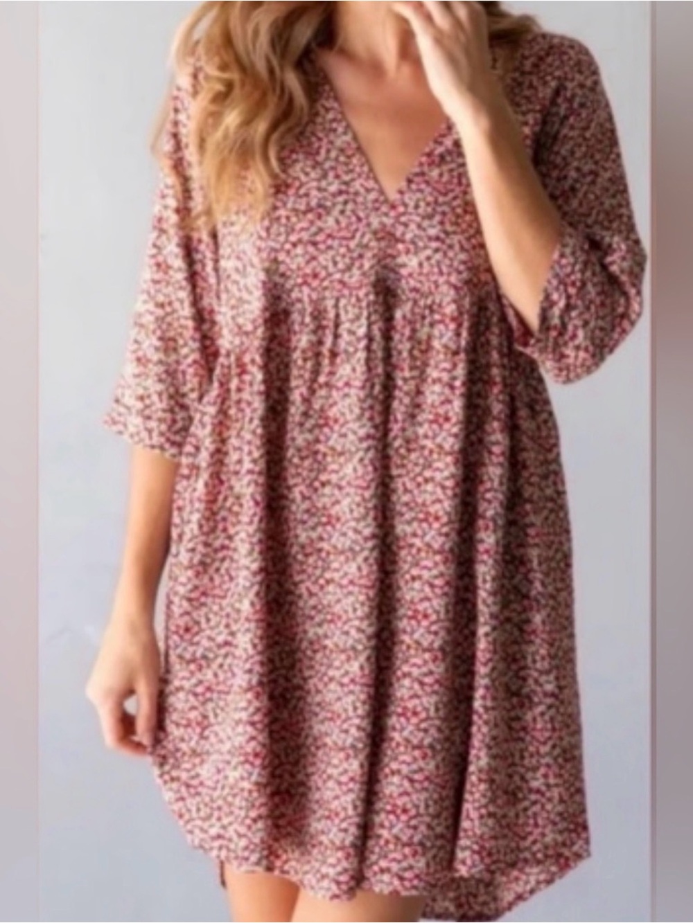 Natural Life Stella Floral Mini Dress Deep V Puff Sleeve Red Pink Cottegecore